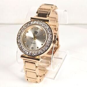 Women's Gold Tone Quartz Watch 34mm Crystal Bezel Silver Dial Bracelet Style